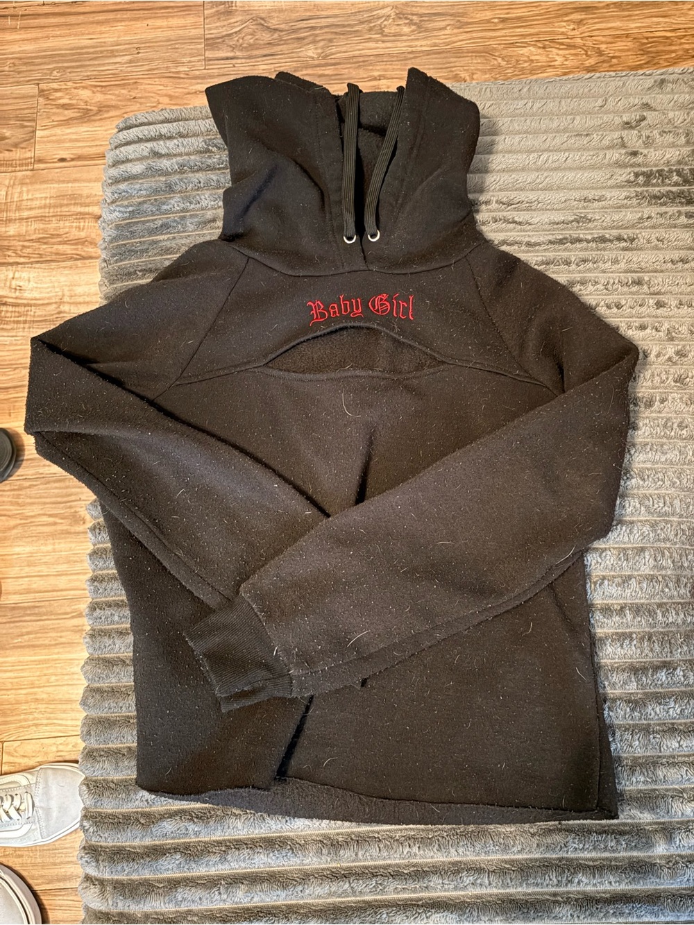 Black Crop Hoodie with Red "Baby Girl" Embroidery